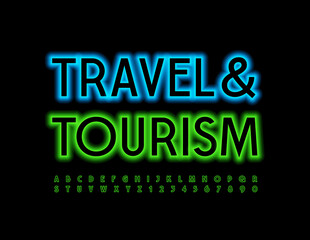 Vector advertising logo Travel and Tourism. Green Neon Font. Glowing Alphabet Letters and Numbers set