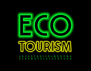 Vector bright concept Eco Tourism. Green Illuminated Font. Neon Alphabet Letters and Numbers
