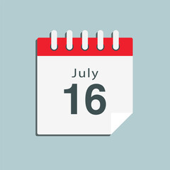 Icon day date 16 July, template calendar page