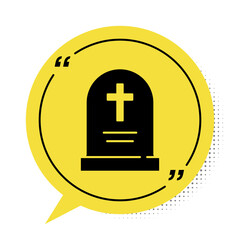 Obraz premium Black Tombstone with cross icon isolated on white background. Grave icon. Happy Halloween party. Yellow speech bubble symbol. Vector