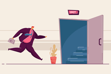 Cartoon businessman running to opened exit door. Flat vector illustration. Worker escaping from office because of emergency situation or evacuation. Safety, fire escape, evacuation, business concept