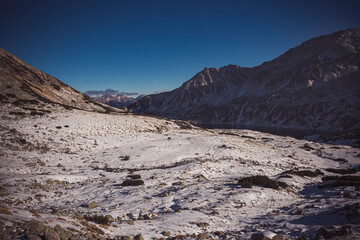 Snowy Tatras in winter, Poland. Tatra National Park and the valley covered with fresh snow. Landscape of the mountains. Selective focus on the rocks, blurred background.