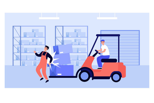Factory worker getting injured in warehouse. Man on forklift truck causing accident flat vector illustration. Compensation, risk insurance concept for banner, website design or landing web page