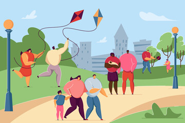 Families and friends spending spring weekend in city park. Flat vector illustration. Cartoon couples with kids enjoying holiday, walking, playing outdoors. Leisure activity, nature, family concept