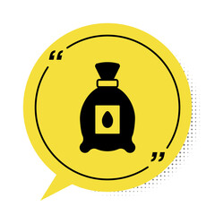 Black Pack full of seeds of a specific plant icon isolated on white background. Yellow speech bubble symbol. Vector