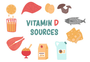 Vitamin D colorful sources set. Flat vector illustration.