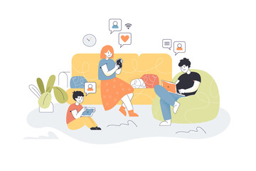Family using mobile technology. Adults and kid addicted to phone, tablet, laptop flat vector illustration. Social media, communication, Internet concept for banner, website design or landing web page
