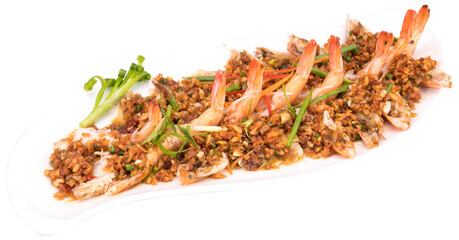 Isolated tiger prawn stir fried with black pepper. Seafood Thai cuisine fresh delicious and spicy...