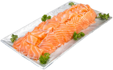 Sliced salmon with rosemary on the wood background