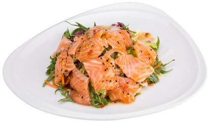 Vegetable salad with smoked salmon (Salad sauce). White plate and white background.
