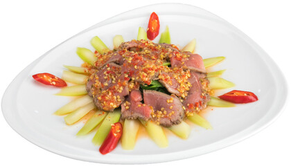 Grilled Beef ​Thai Sauce with Broccoli ( Chinese ). White Plate with white background.