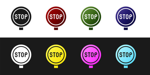 Set Stop sign icon isolated on black and white background. Traffic regulatory warning stop symbol. Vector