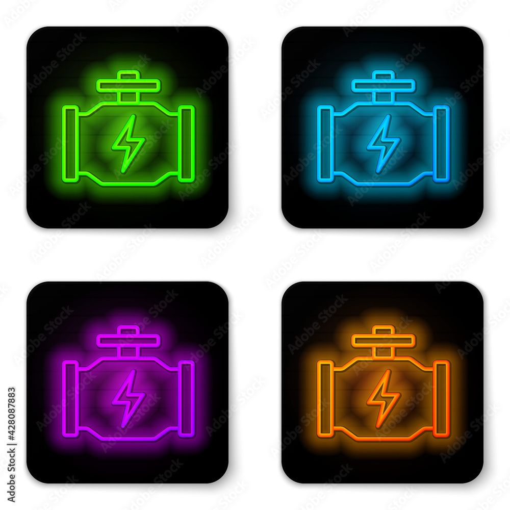 Poster glowing neon line check engine icon isolated on white background. black square button. vector