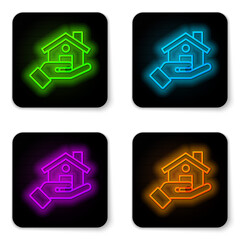 Glowing neon line Realtor icon isolated on white background. Buying house. Black square button. Vector