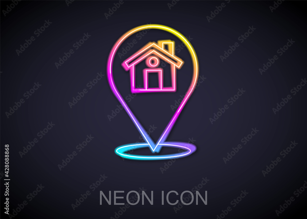 Poster glowing neon line map pointer with house icon isolated on black background. home location marker sym