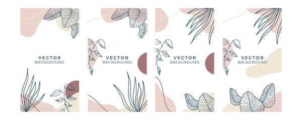 Social media stories and post creative Vector set. Background template with copy space for text and images design by abstract colored shapes, line arts , Tropical leaves warm color of the earth tone
