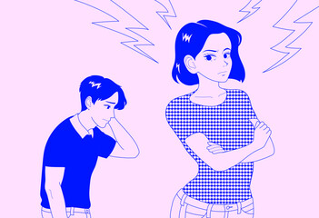 The girlfriend is angry and the boyfriend is apologizing. hand drawn style vector design illustrations. 