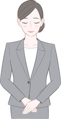 お辞儀をするグレーのスーツを着た女性のイラスト