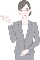 片手を上げるグレーのスーツを着た女性のイラスト
