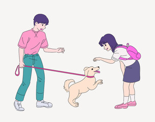 The boy is walking with the dog. The dog is glad to see a girl. hand drawn style vector design illustrations. 