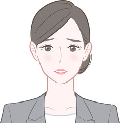 困った表情をしているグレーのスーツを着た女性のイラスト