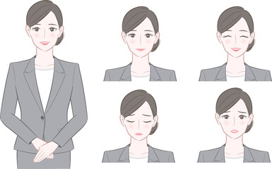 グレーのスーツを着た女性のイラスト 表情セット