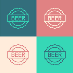 Pop art line Bottle cap with inscription beer icon isolated on color background. Vector
