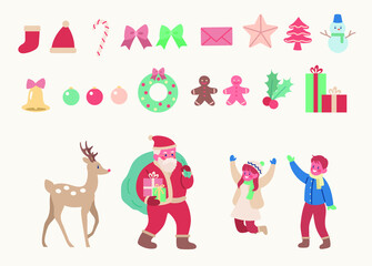 Set of Christmas ornaments with Santa and reindeer and kids. hand drawn style vector design illustrations. 