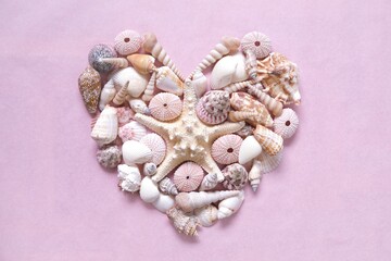 Summer season. Heart of starfish, sea urchins shells and seashells on a light pink background....