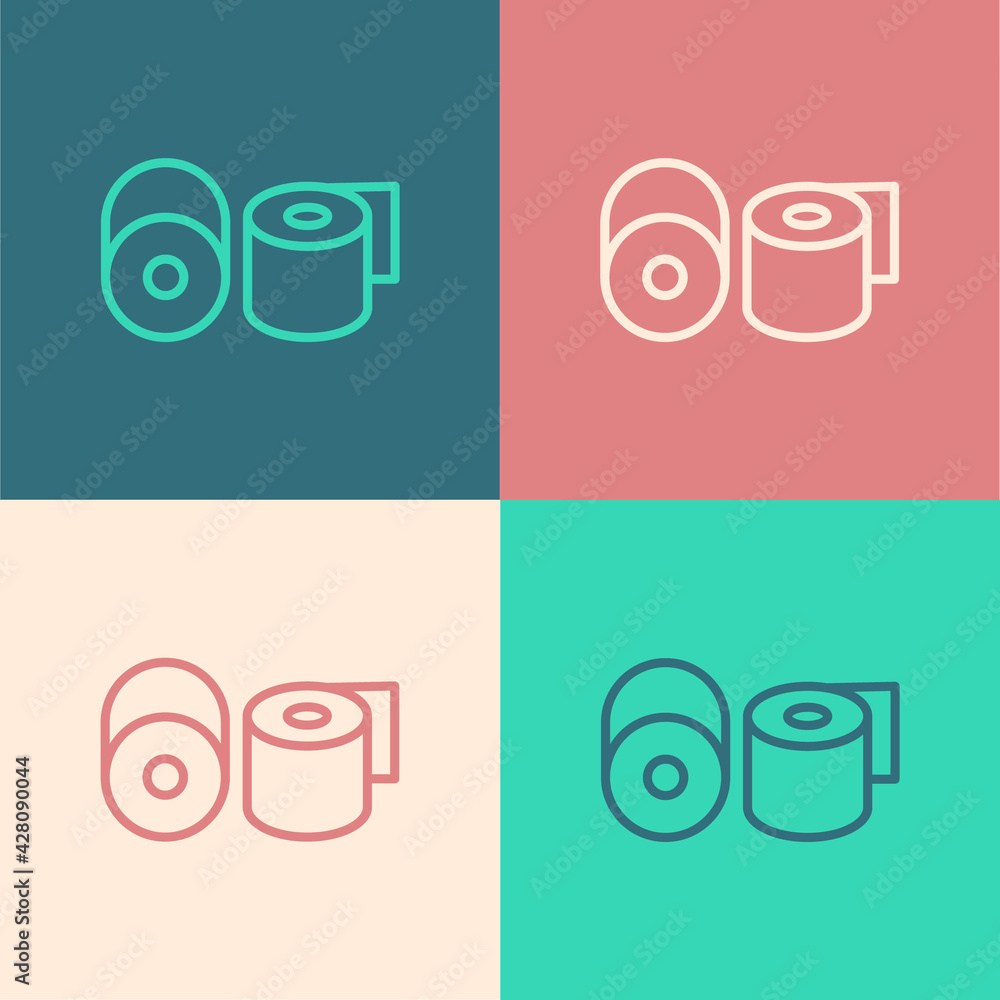 Poster pop art line toilet paper roll icon isolated on color background. vector