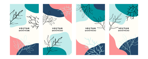 Social media stories, posts, highlights templates. Abstract floral foliage art line vector backgrounds with copy space for text and boho style