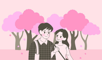 A couple is walking through the cherry blossom streets. hand drawn style vector design illustrations. 
