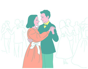 Couples in dresses and suits are dancing at the party. hand drawn style vector design illustrations. 