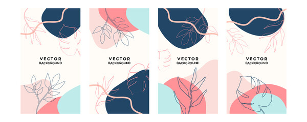 Set of abstract floral foliage art line backgrounds and wave background for instagram post stories. Vector trendy minimal templates in boho style with copy space for text