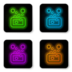 Glowing neon line Bar of soap icon isolated on white background. Soap bar with bubbles. Black square button. Vector