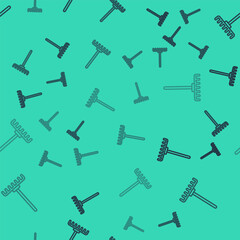 Black line Garden rake icon isolated seamless pattern on green background. Tool for horticulture, agriculture, farming. Ground cultivator. Housekeeping equipment. Vector