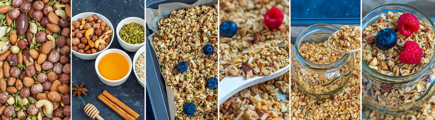 Collage Step by step recipe. Home cooking healthy vegetarian snack: granola, muesli from oat flakes, varius of nuts, honey, pumpkin seeds,  decorated with berries. Food background. Keto diet.