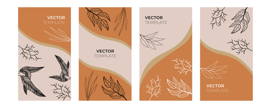 Set of abstract floral backgrounds for instagram posts and stories with wave element background. Vector trendy minimal templates in boho style with copy space for text