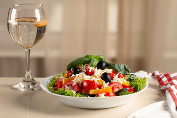 Traditional Bulgarian dish, Shopsky salad, with vegetables and cheese, on a white background, no people, horizontal,