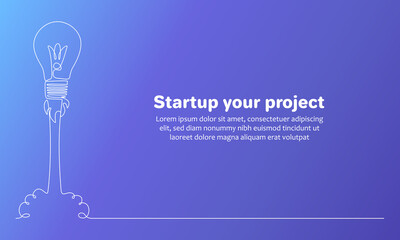 Business project Start Up concept with Launching light bulb in one line drawing style. Web banner with spaceship into open space. Editable stroke. Vector illustration