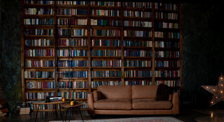 Book background. Selective focus. Blurred texture of old books. Bookshelves in the library