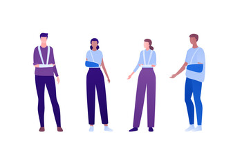 Bandaged injury concept. Vector flat patient character illustration set. Broken arm. Man and woman standing with injured hand in bandage. Design element for health care, medical infographic.