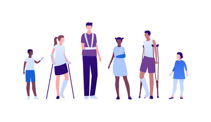 Bandaged injury concept. Vector flat child patient character illustration set. Collection of different age boy and girl standing with injured joints in bandage and crutches. Design for health care.
