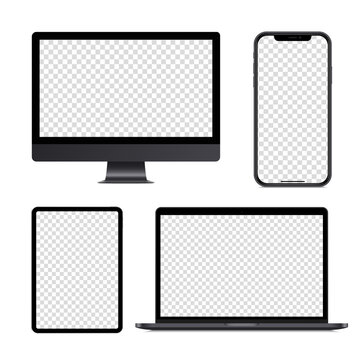 Set of realistic vector device mockup. Blank screen computer, monitor, laptop, tablet, mobile smart phone. Editable devices screens template on white background. Isolated dark design illustration