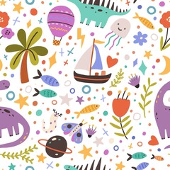 Seamless childish pattern with mix of cute animals, objects, flowers, plants and spots on white background. Endless repeatable texture for printing. Colored flat vector illustration for children