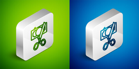 Isometric line Scissors cutting money icon isolated on green and blue background. Price, cost reduction or price reduction icon concept. Silver square button. Vector