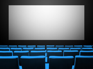 Cinema movie theatre with blue seats and a blank white screen