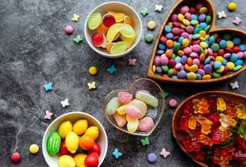 Multicolored candies, dragees and jelly