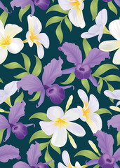 Seamless pattern of orchid flower and plumeria background template. Vector set of floral element for wedding invitations, greeting card, brochure, banners and fashion design.