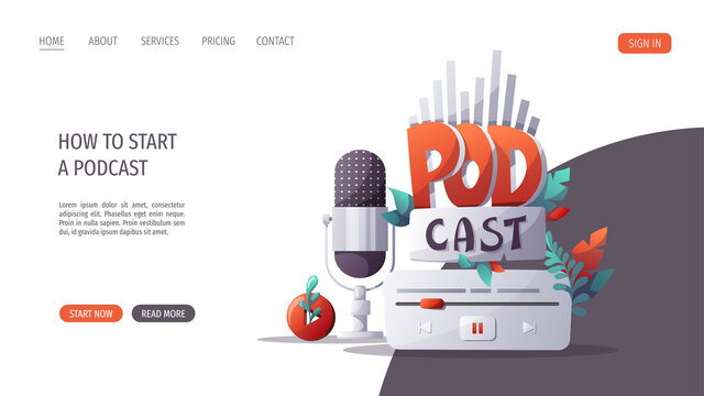 Microphone, music control, podcst sign. Streaming, Podcast, Online show, blogging, radio broadcasting concept. Vector illustration for website, poster, banner, advertising.